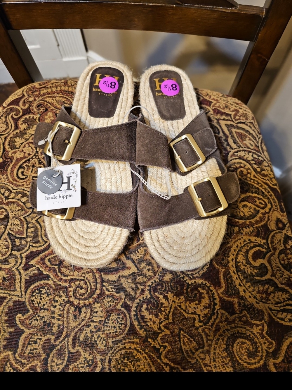 Haute Hippie Brown Suede Double-Buckle Espadrille Sandals with Gold Buckles